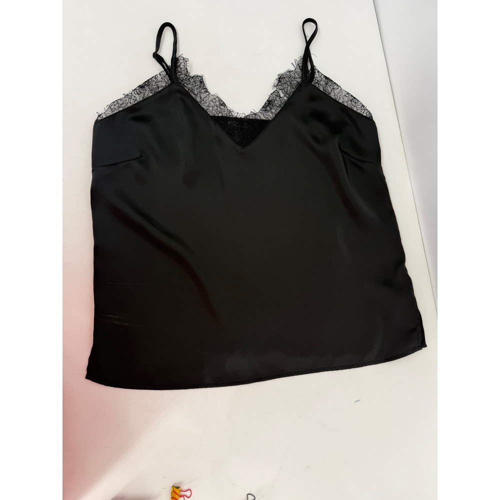 Rachel Zoe Black Satin Eyelash Lace Trim Camisole V-Neck Adjustable Straps Sz M